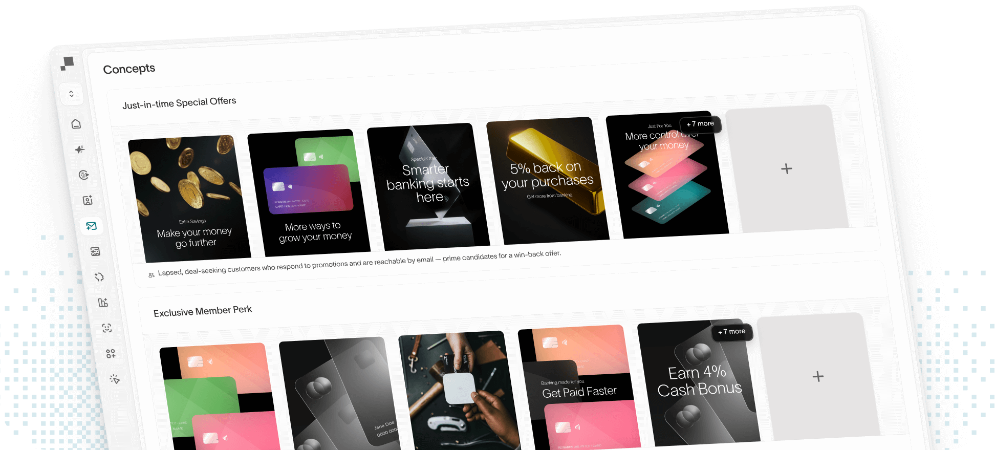 Hightouch's Agentic Advertising Studio displaying two campaign categories: 'Just-in-time Special Offers' showing promotional cards for savings and banking features, and 'Exclusive Member Perk' showcasing benefits like faster payments and cash bonus rewards.