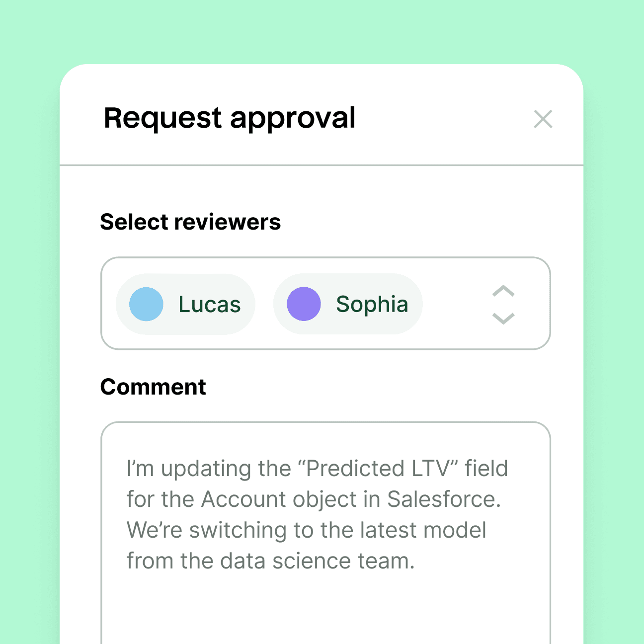 Abstract illustration of Hightouch UI with an approval modal open. Two reviewers Luca and Sophia are selected with a custom message explaining context for the review request.
