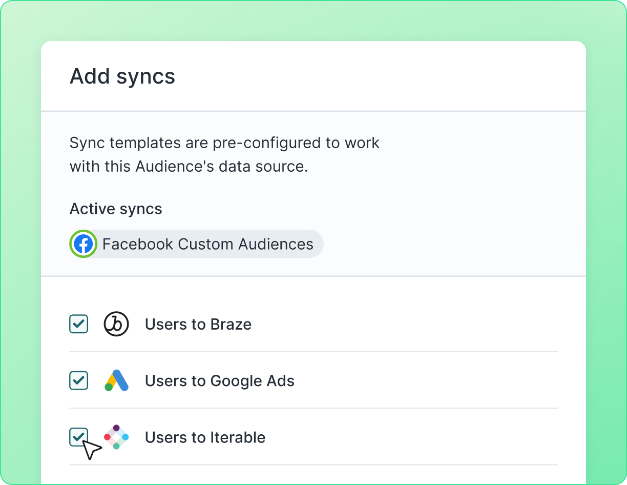 Sync your audiences to any CRM, email, or ad platform