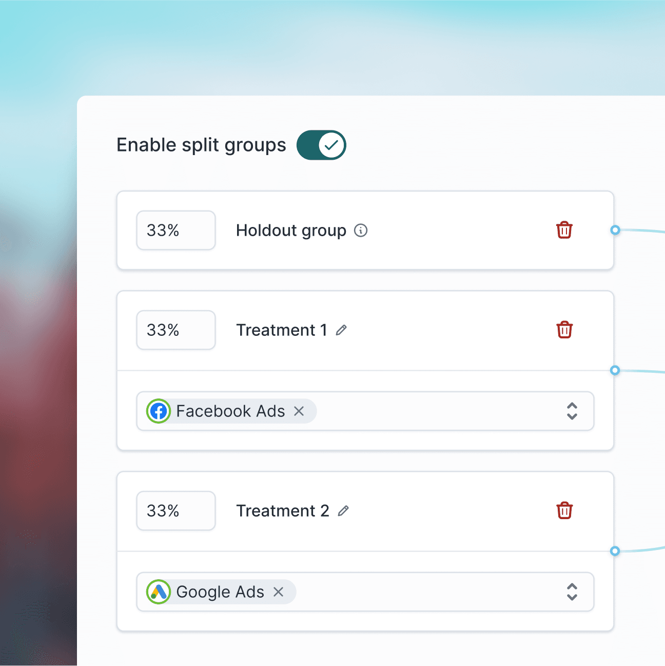 An illustration showing a sample experiment with three split groups. One group is a "Holdout group", one group will be receiving "Treatment 1", and the last group will be receiving "Treatment 2".