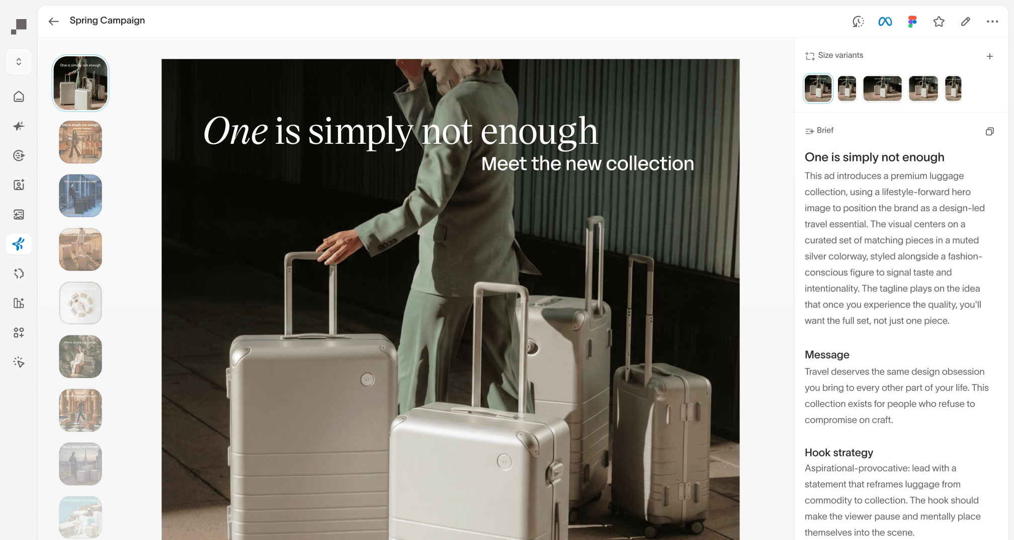 Hightouch Ad Studio UI editing a 'Spring Campaign' luggage ad with the headline 'One is simply not enough — Meet the new collection,' a sidebar of size variant thumbnails, and a brief panel detailing message and hook strategy.