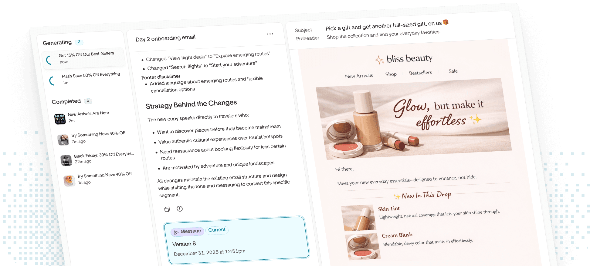 Hightouch's Agentic Lifecycle Studio showing email campaign generation interface with strategy notes on the left and a Bliss Beauty promotional email preview on the right featuring makeup products with the tagline 'Glow, but make it effortless.'
