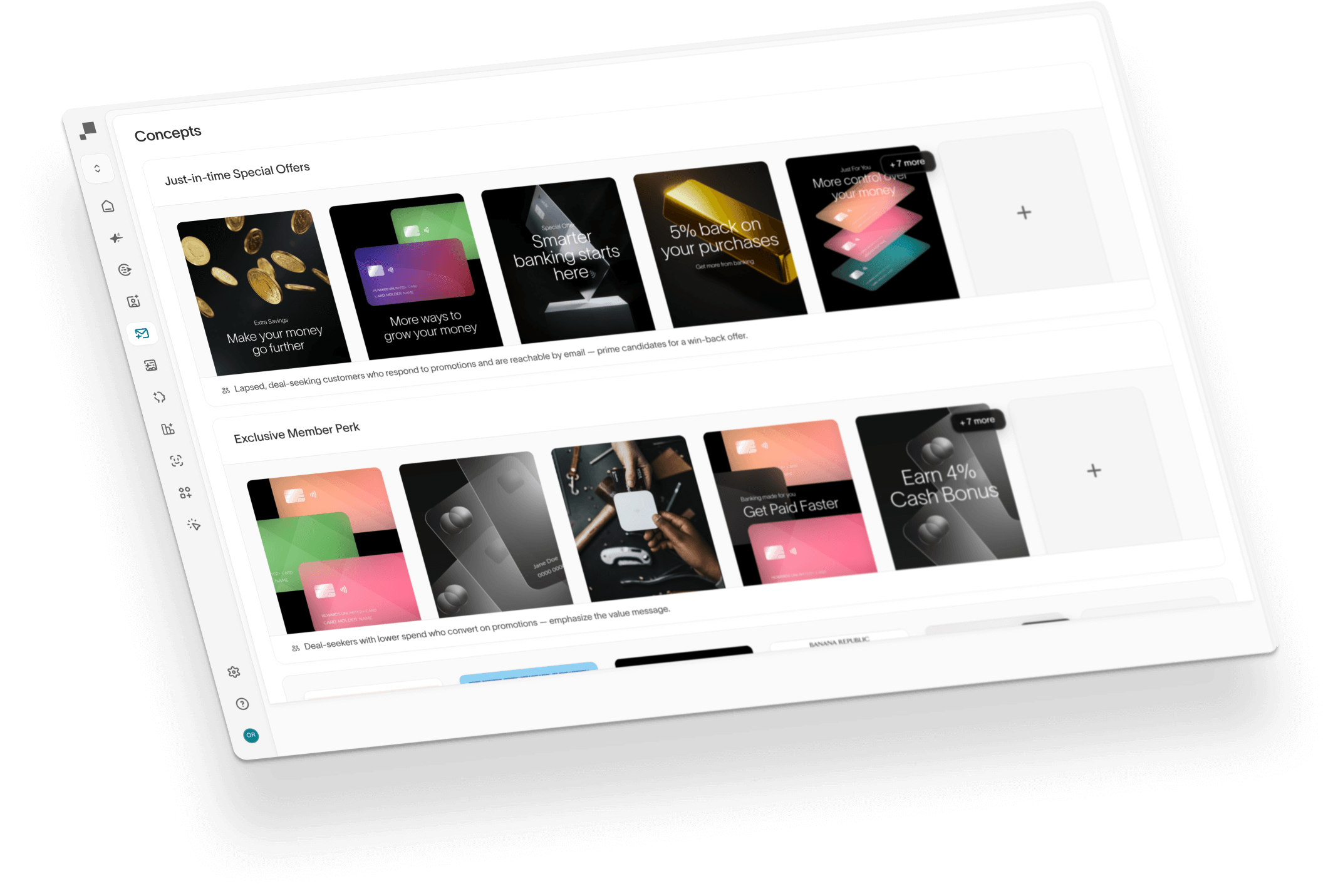 Marketing concepts dashboard displaying two campaign categories: 'Just-in-time Special Offers' showing promotional cards for savings and banking features, and 'Exclusive Member Perk' showcasing benefits like faster payments and cash bonus rewards.