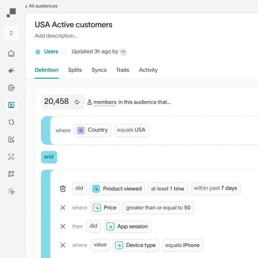 Hightouch Audience builder named 'USA Active Customers' with filters selecting users with their country equal to 'USA' and had viewed a product greater than $50 within 7 days.