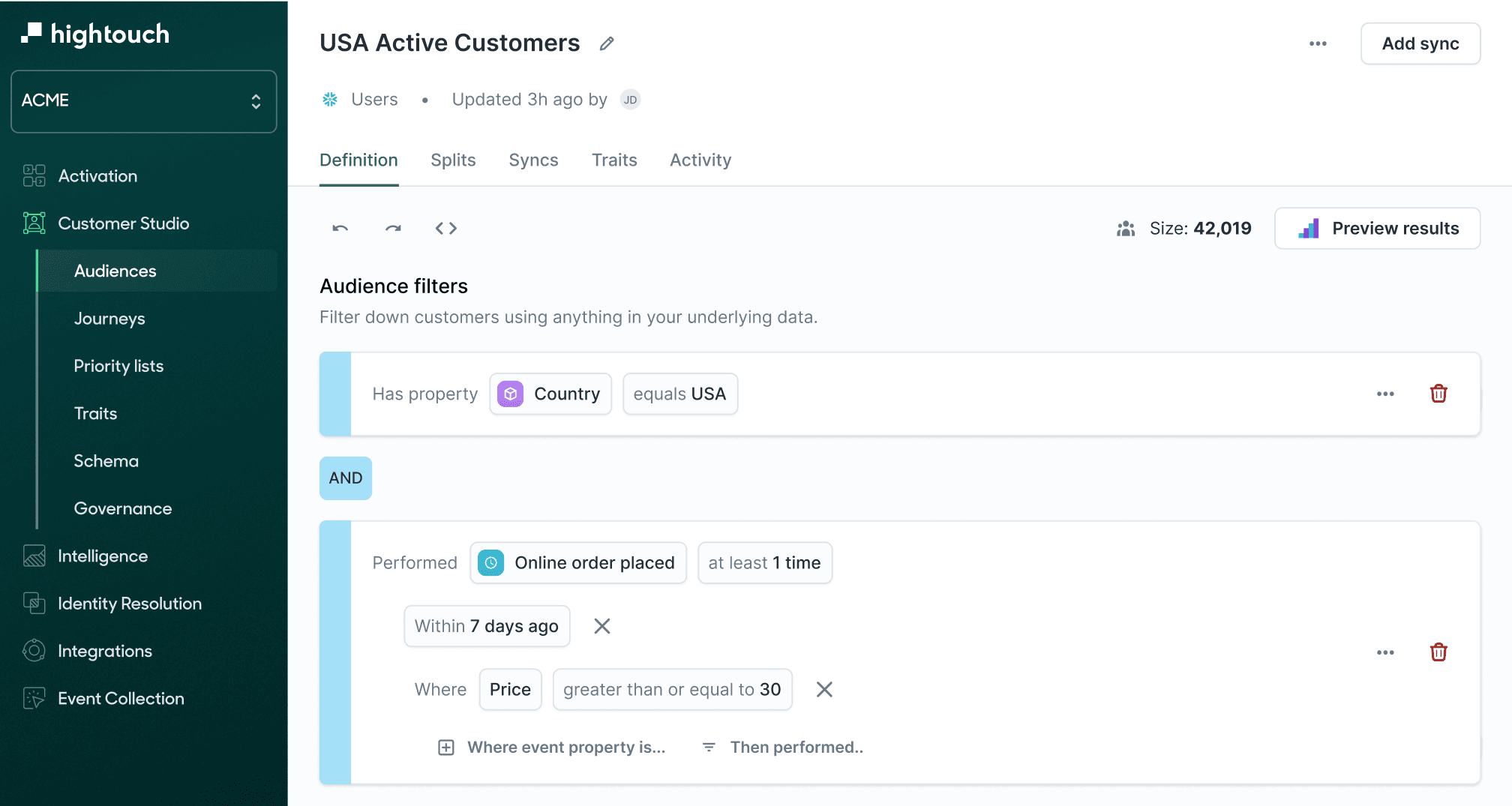Hightouch Audience builder named 'USA Active Customers' with filters selecting users with their country equal to 'USA' and had ordered an online a product greater than $30 within 7 days.