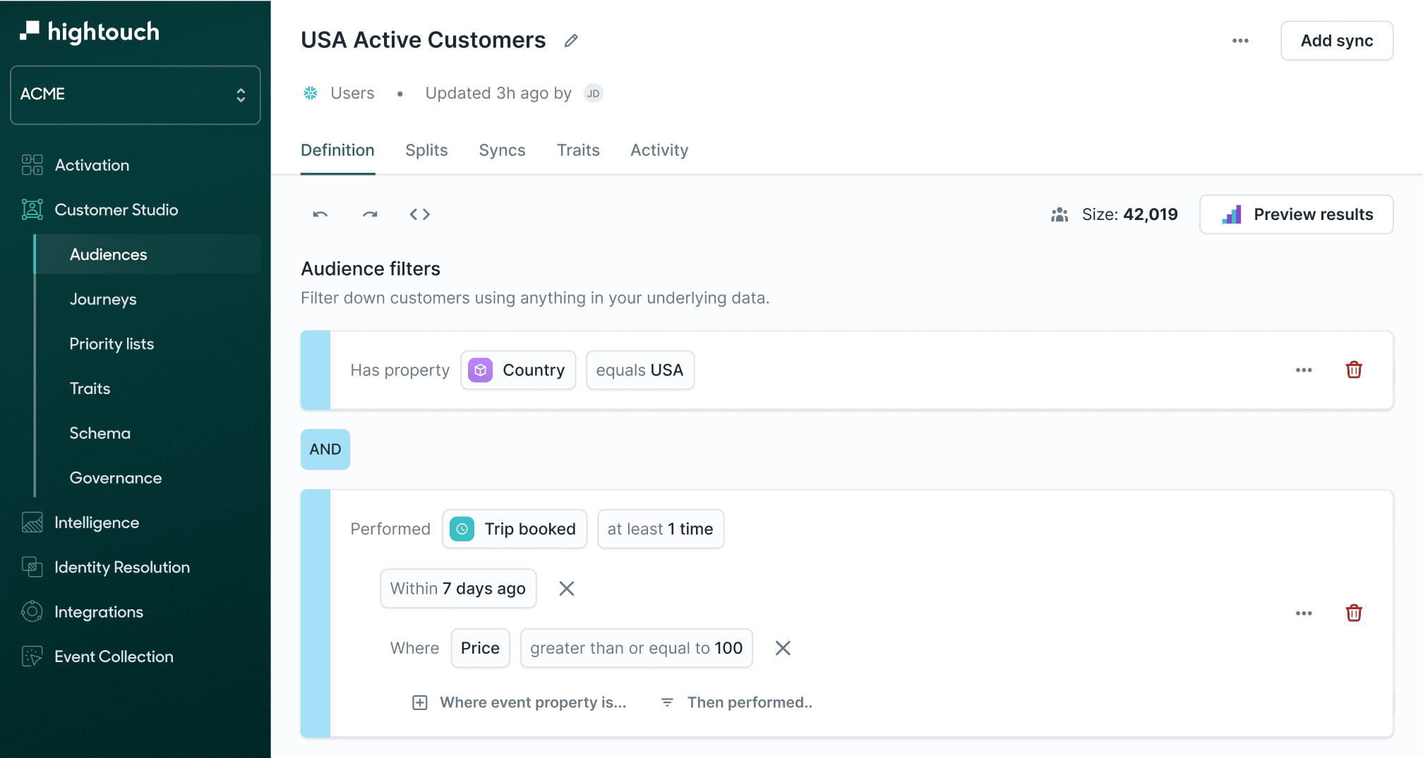 Hightouch Audience builder named 'USA Active Customers' with filters selecting users with their country equal to 'USA' and had booked a trip greater than $100 within 7 days.