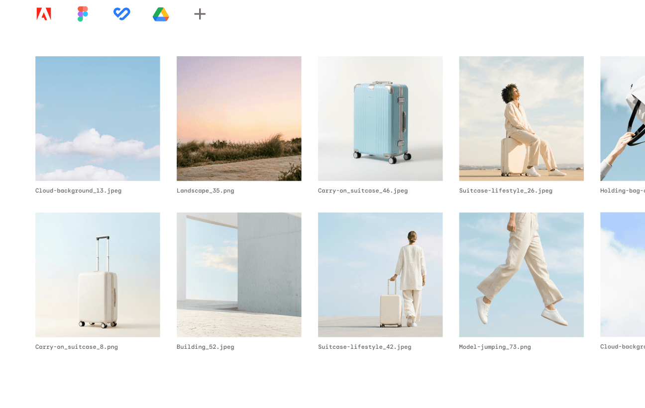 Ad Studio asset library connected to Adobe, Figma, Google Drive, and Dropbox, showing a grid of travel ad images