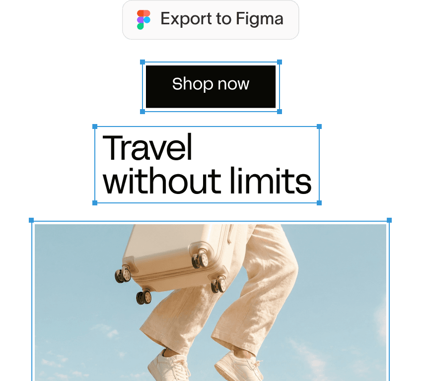 Ad Studio creative with an Export to Figma button above a finished travel ad with headline and product photo