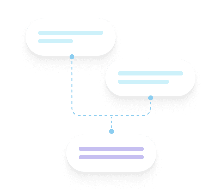 A diagram showing three rounded-rectangle chat bubbles connected by a dashed line. The top two bubbles link to the bottom one, suggesting a flow of information or a decision tree.