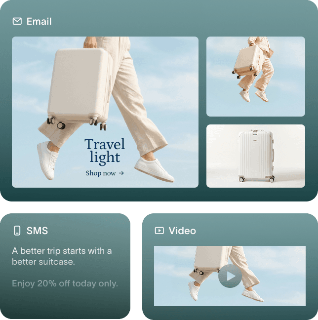 On-brand suitcase ad variants rendered across email, SMS, and video channels with matching 'Travel light' creative and 20% off copy.