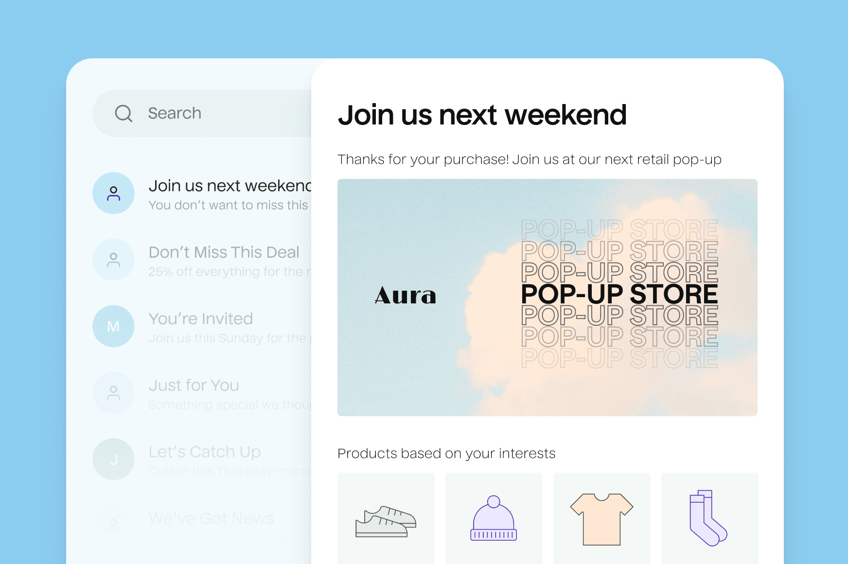Illustration of an SMS messaging platform interface featuring the latest text message titled 'Join us next weekend'. The expanded message features an ad for an upcoming retail pop-up event nearby and some recommended products based on user behavior.