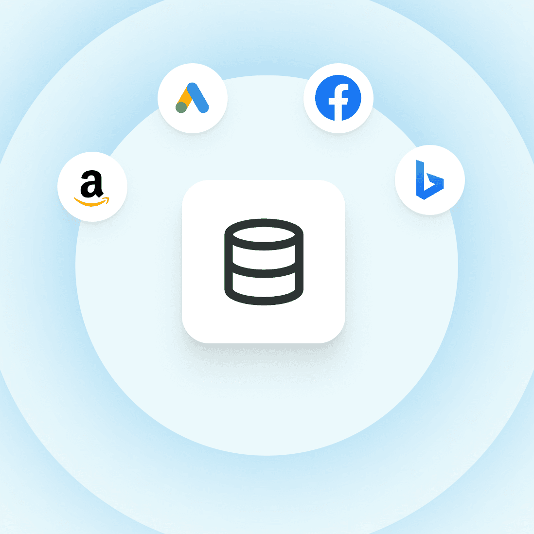 Abstract illustration of a data warehouse with logos from tools like AWS, Google Ads, Facebook, and Bing floating above it.