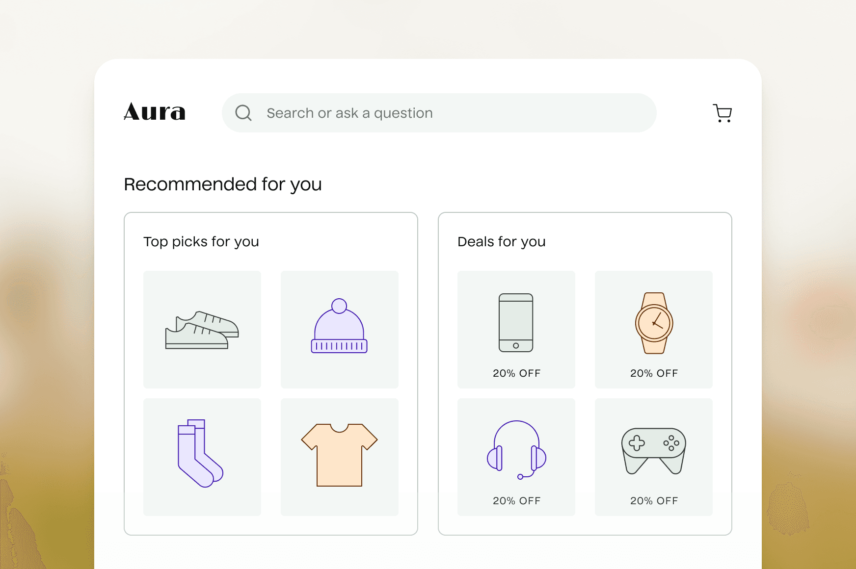 Illustration of an e-commerce website interface featuring two sections labeled 'Recommended for you' with responsive apparel and electronics product recommendations and sales offers based on user behavior.
