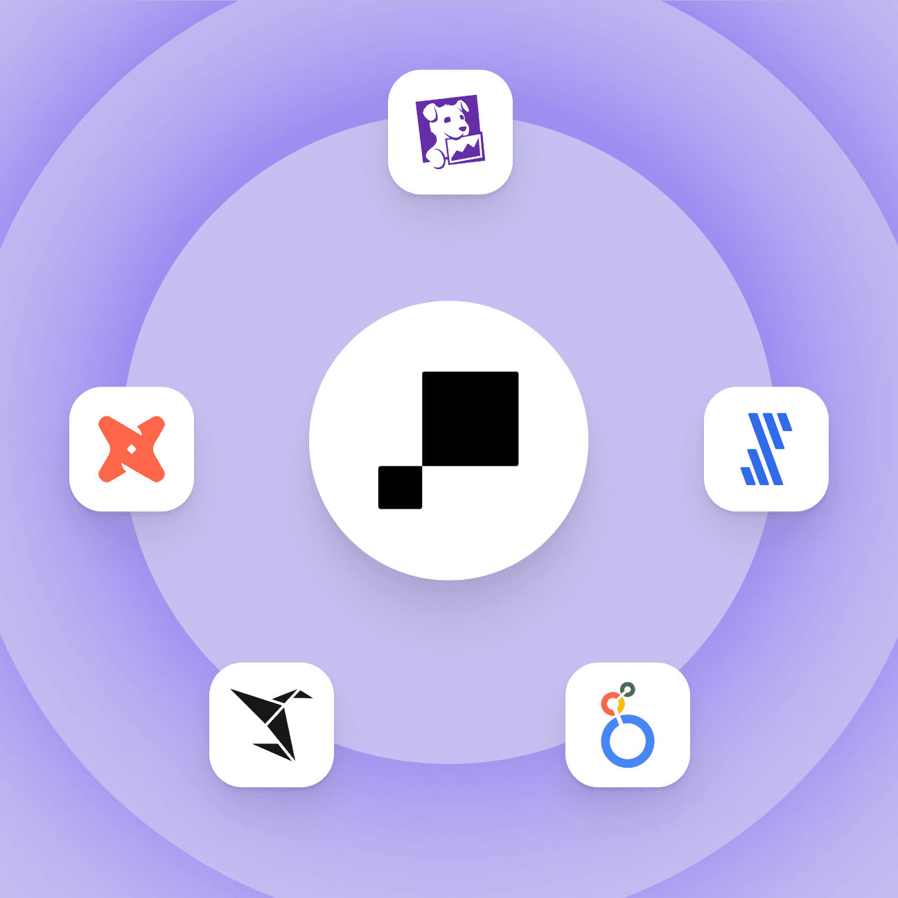 Abstract illustration of Hightouch's logo at the center with the logos of various Hightouch extension toolings floating around it such as Datadog, Fivetran, Sigma, dbt, and Looker.
