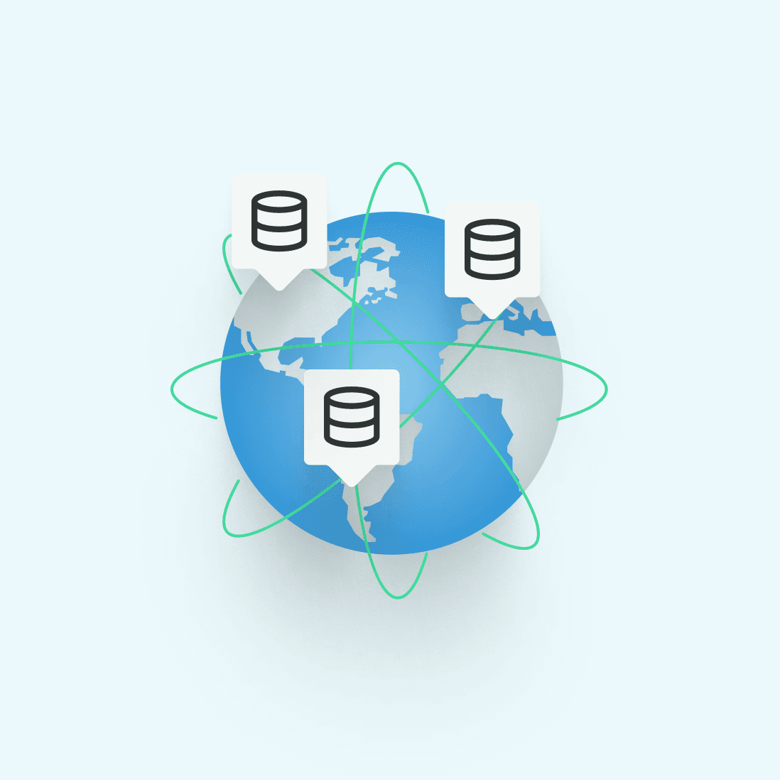 Abstract illustration of a globe with three data warehouses on top of it, and cyclical lines running through them. It represents data residency and compliance on a global scale, for any region.