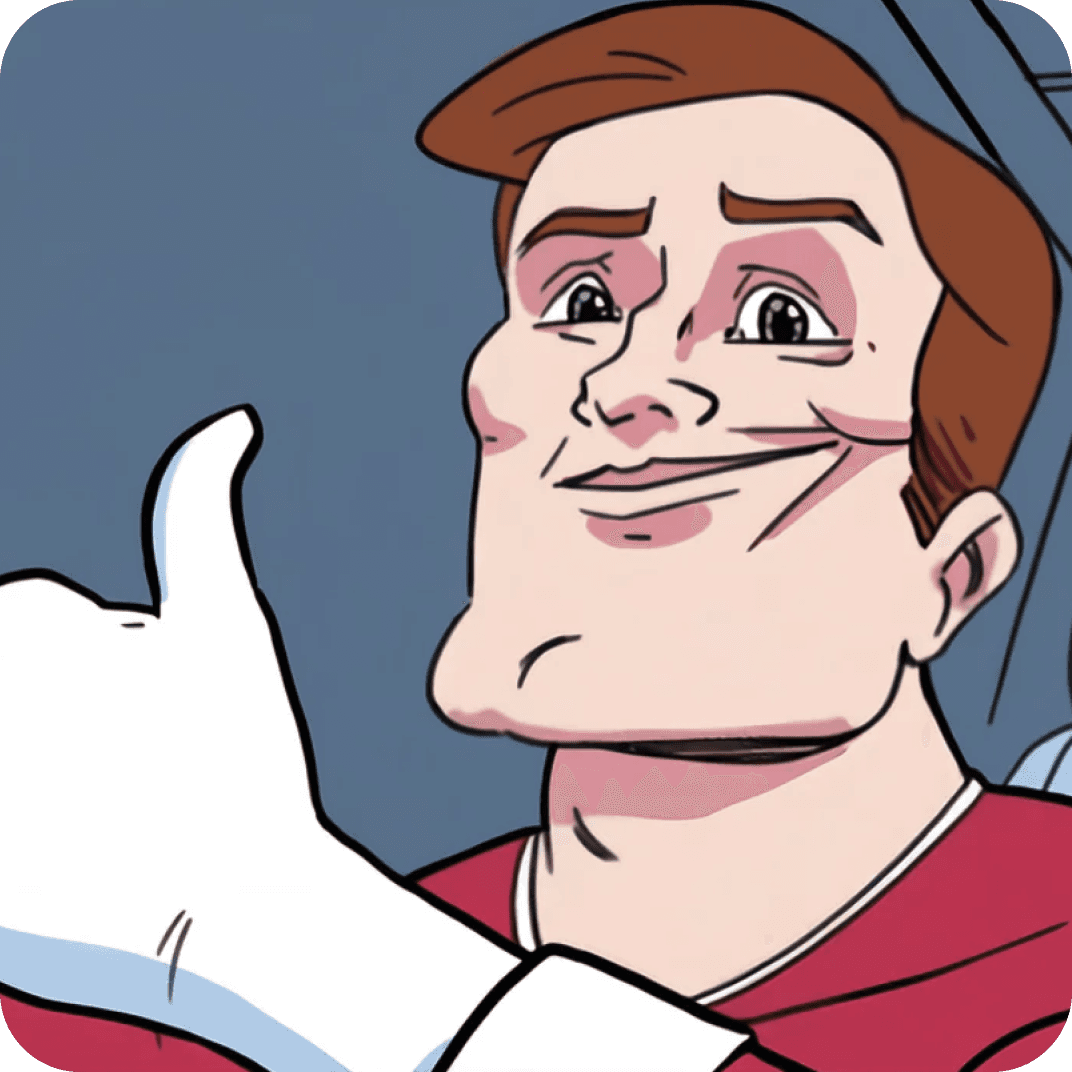 A cartoon drawing of a man with a square jaw, slicked-back brown hair, and a strained, intense smile, giving a thumbs-up.