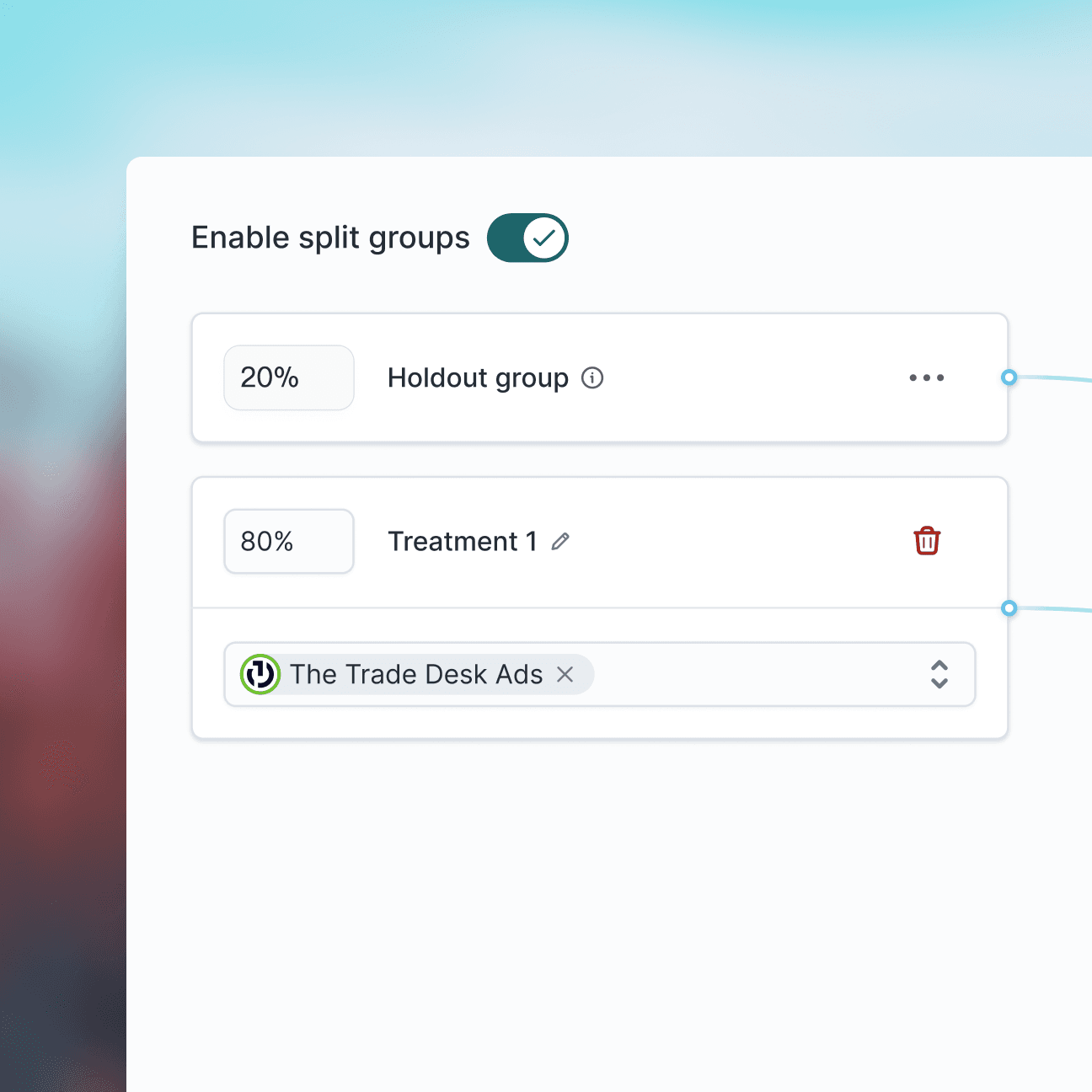 An illustration showing a sample experiment with two split groups. 20% of the audience is assigned to a holdout group, and 80% of the audience is assigned to receive "Treatment 1" with "The Trade Desk ads".