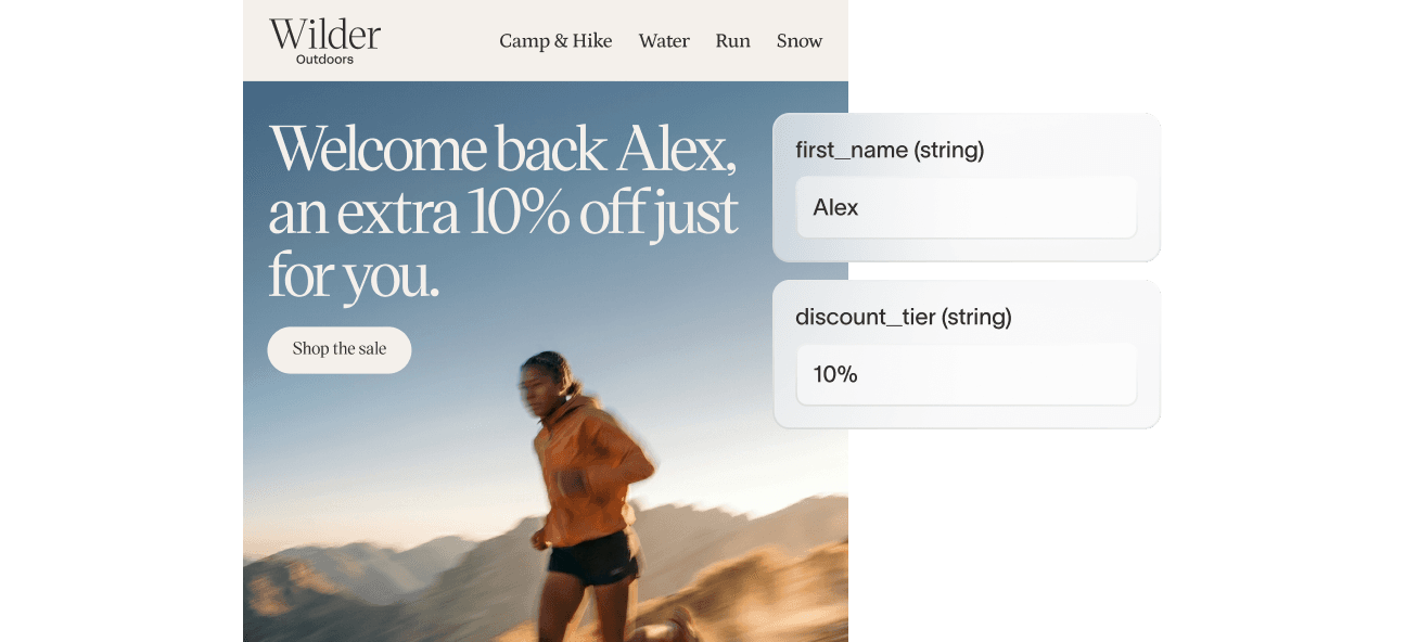 Email preview rendering live as personalization variables like first_name and discount_tier are filled in.