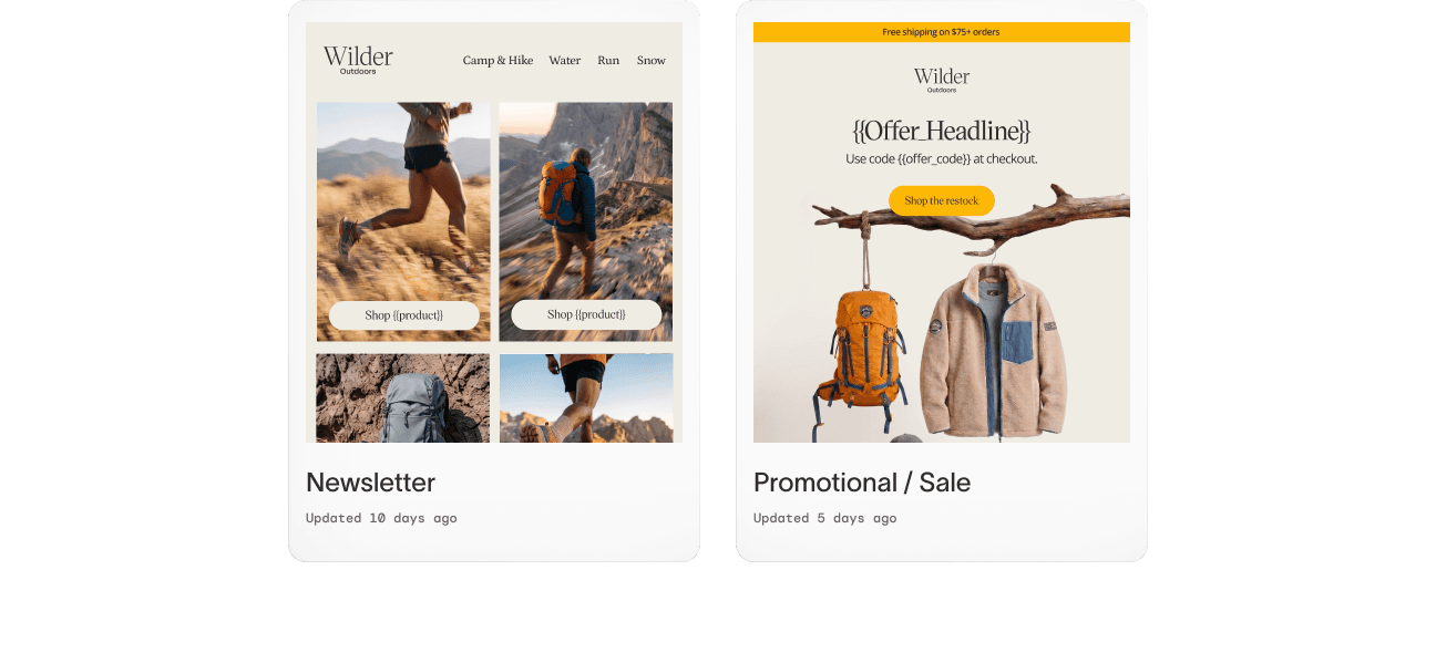 Saved Newsletter and Promotional email templates connected to Adobe, Figma, and Google Drive.