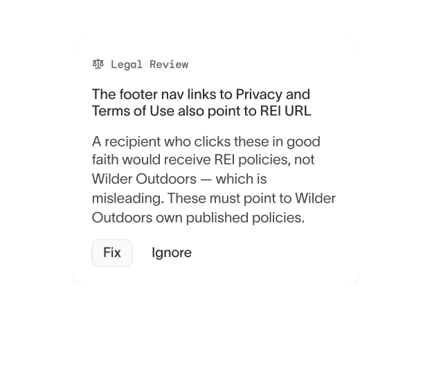 Automated brand and creative review flagging a logo-overlay issue with suggested fixes.