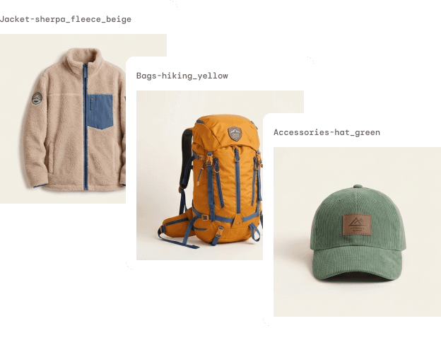 Product catalog entries — a fleece jacket, hiking backpack, and cap — pulled in with accurate names and imagery.