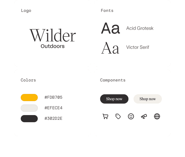 Brand kit capturing the logo, fonts, color palette, and button components that define the brand's look.
