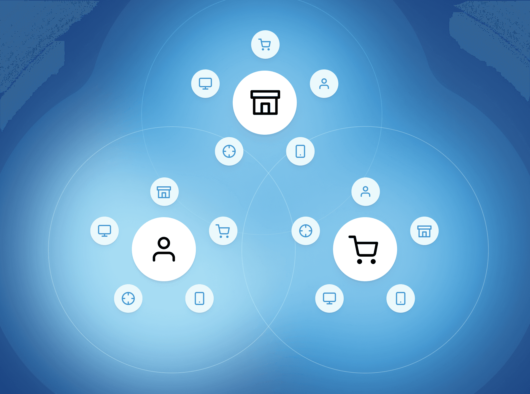 Illustration showing three circles that represent sample custom entities: one for a household, one for a single identity, and one for shopping accounts.