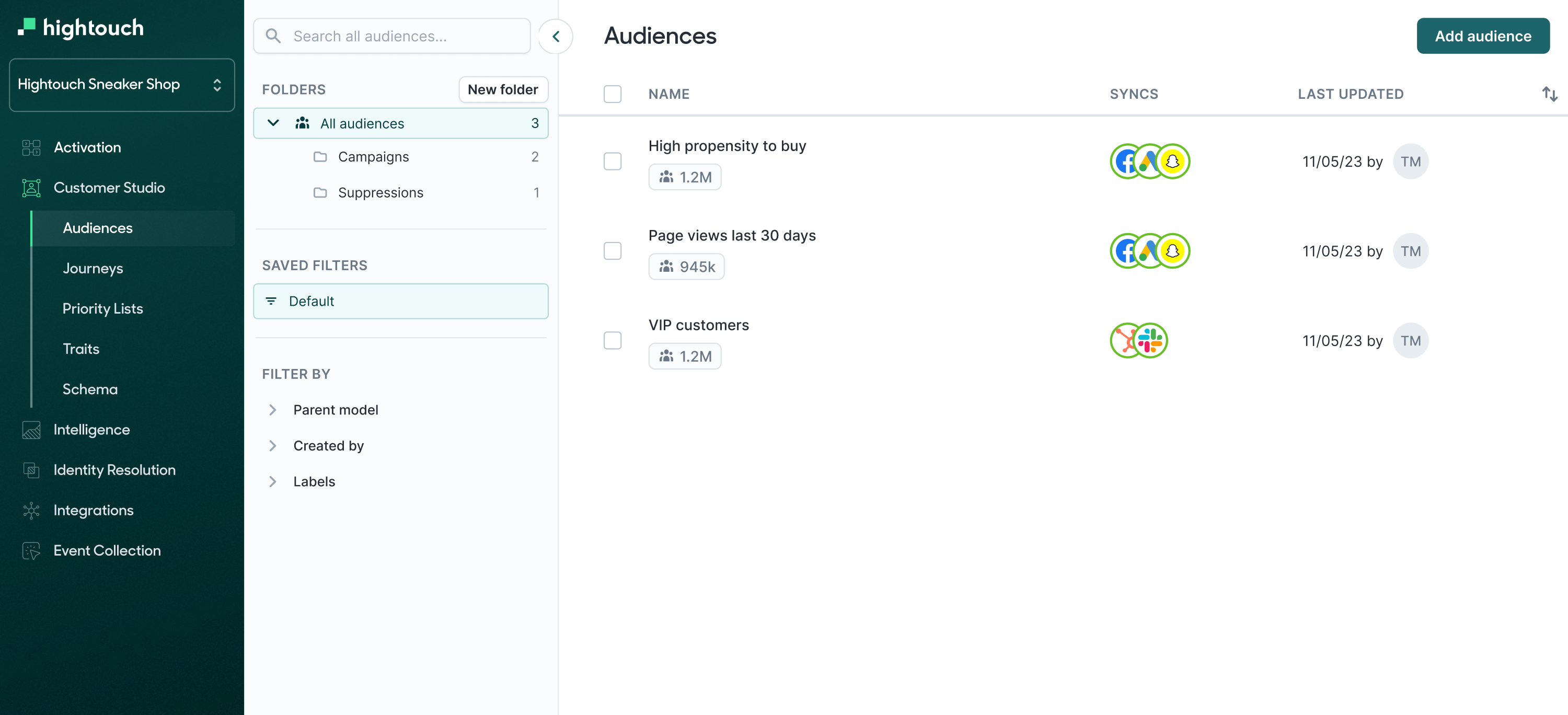 Hightouch Audiences user interface.