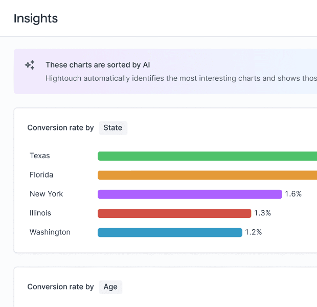 Insights dashboard displaying horizontal bar charts of conversion rates by U.S. state and by age group, with Texas and the 19–35 years segment leading in performance. Charts are sorted by AI to highlight the most significant differences across segments.