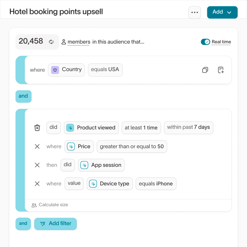 UI screenshot of an audience named 'Hotel booking points upsell' with the realtime toggle enabled. The audience filter shows 'Performed Flight search at least 1 time within 15 minutes ago.', and 'Booked a flight at least 1 time within 36 months ago where status equals completed.'