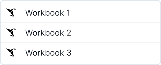Semi-opaque open dropdown with three example workbook names such as 'Workbook 1'.