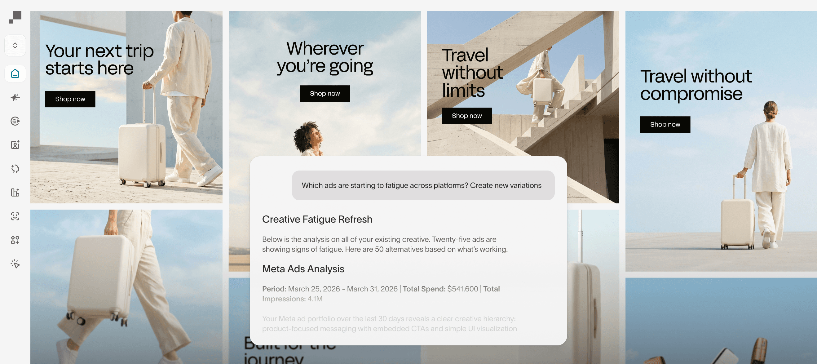 Ad Studio creative fatigue analysis showing travel ads with an AI prompt generating a refresh report alongside Meta Ads performance data