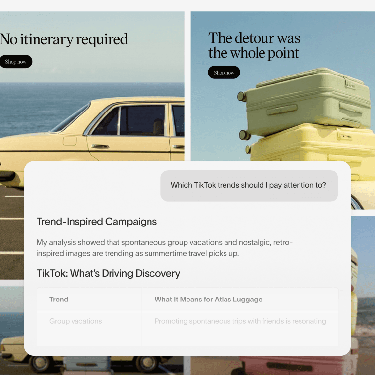 Ad Studio trend discovery with an AI prompt surfacing TikTok-inspired campaign ideas over a grid of colorful luggage travel ads