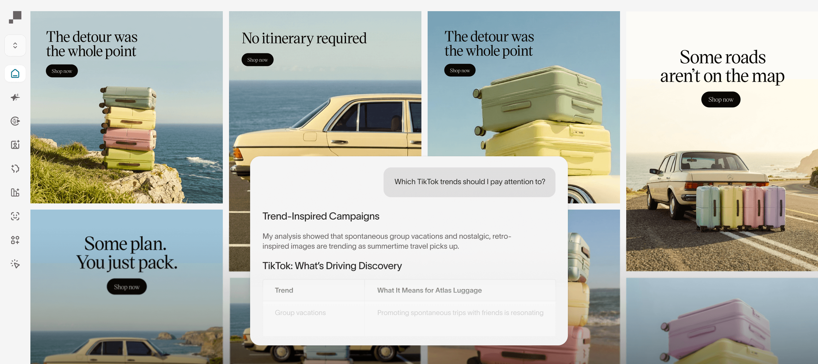 Ad Studio trend discovery with an AI prompt surfacing TikTok-inspired campaign ideas over a grid of colorful luggage travel ads