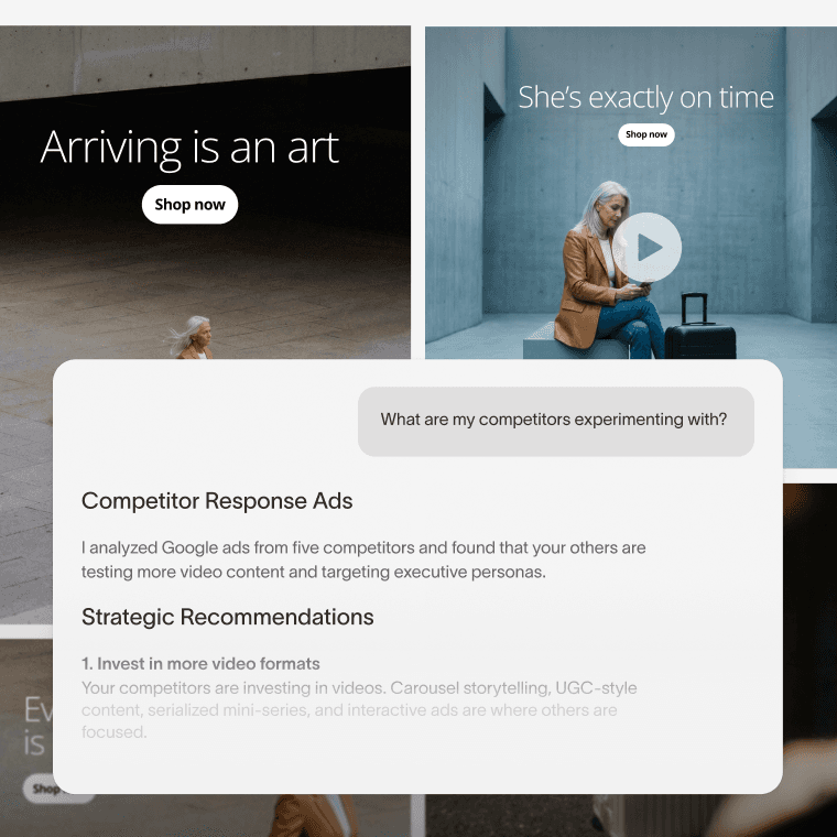 Ad Studio competitor analysis with an AI prompt generating response recommendations over a set of dark-toned travel video ads