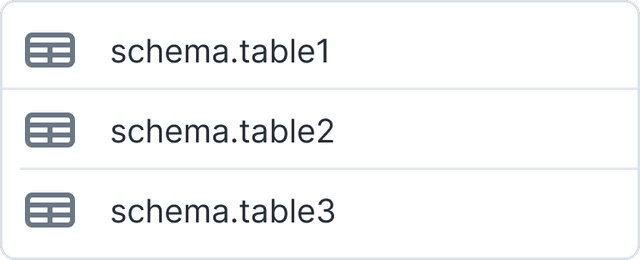 Semi-opaque open dropdown with three example table names such as 'schema.table.name.1'.