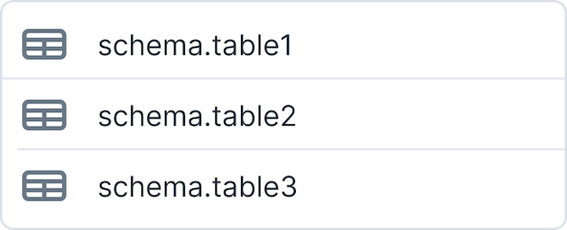 Semi-opaque open dropdown with three example table names such as 'schema.table.name.1'.