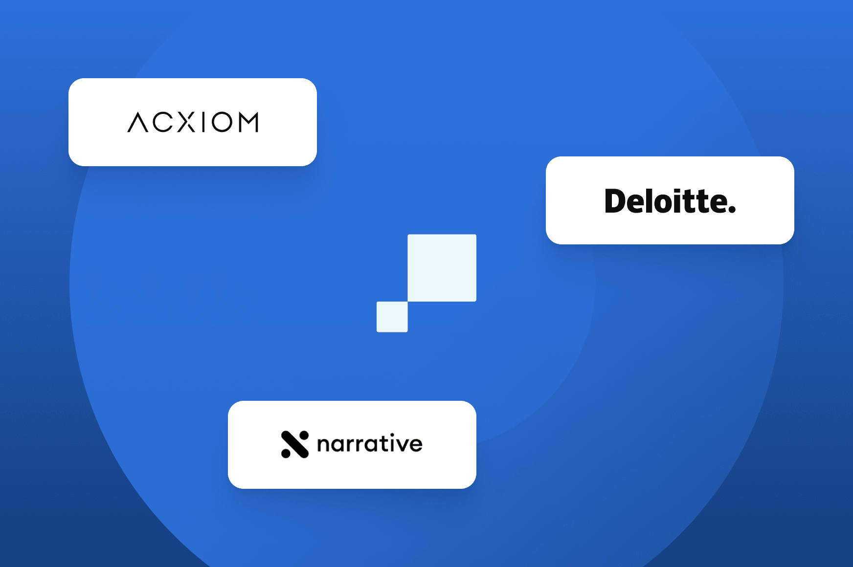 Illustration featuring logos of third-party data providers including ACXIOM, Deloitte, and narrative on a blue gradient background with geometric shapes, representing the integration capabilities with external identity data sources.