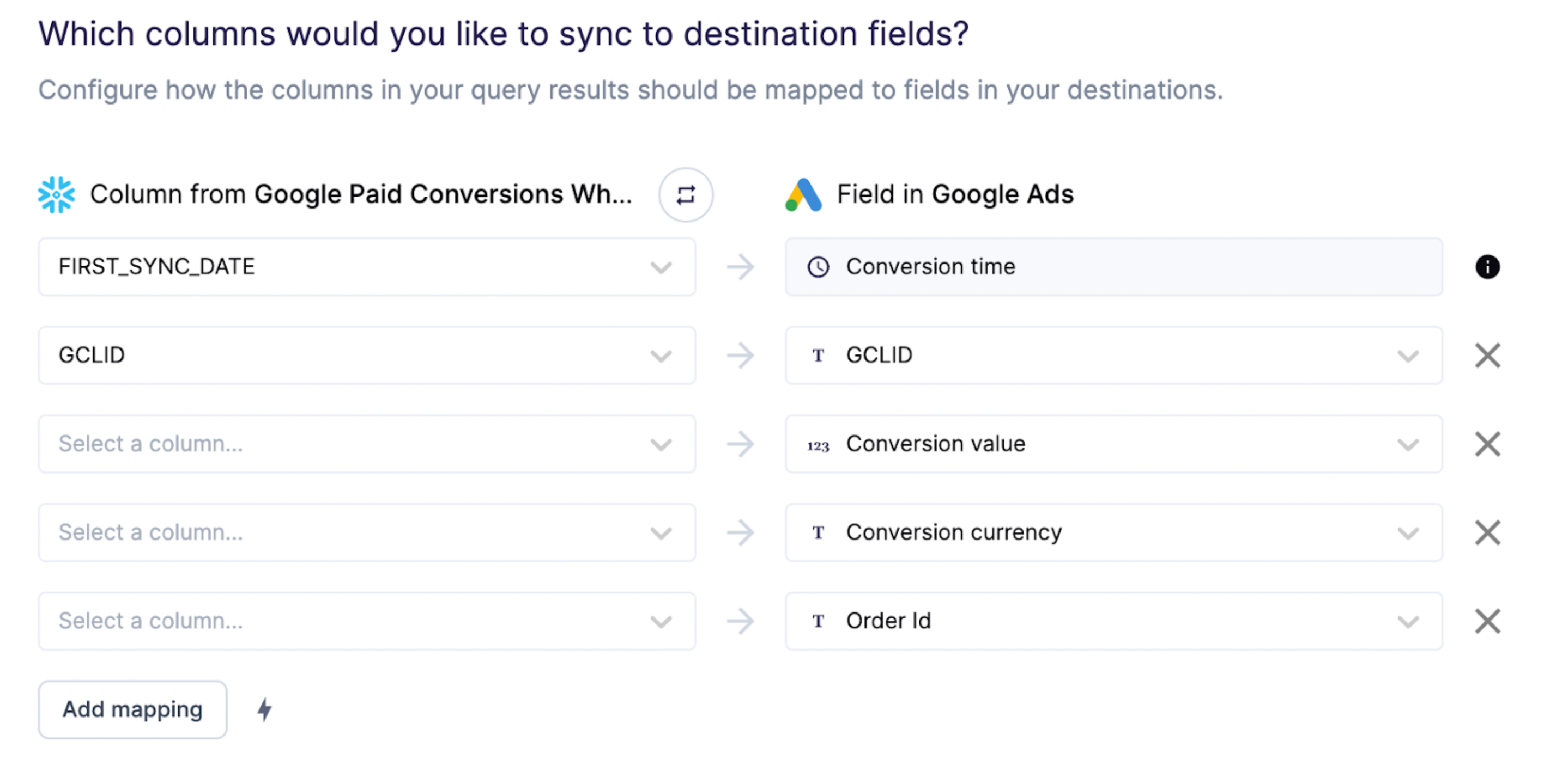 A sync from a source to a destination field in Hightouch