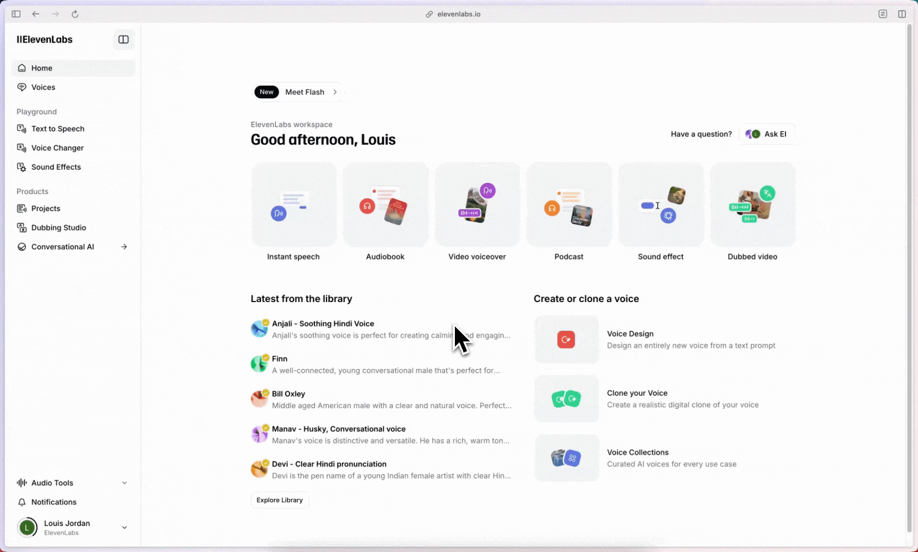ElevenLabs workspace screen