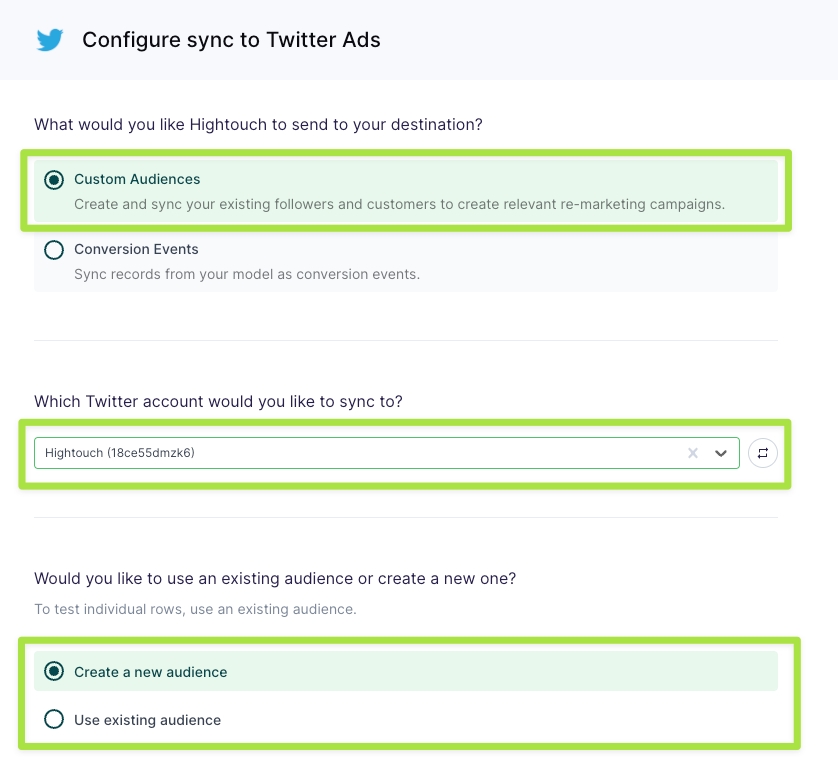 Enter Twitter destination details such as custom audience and ad account
