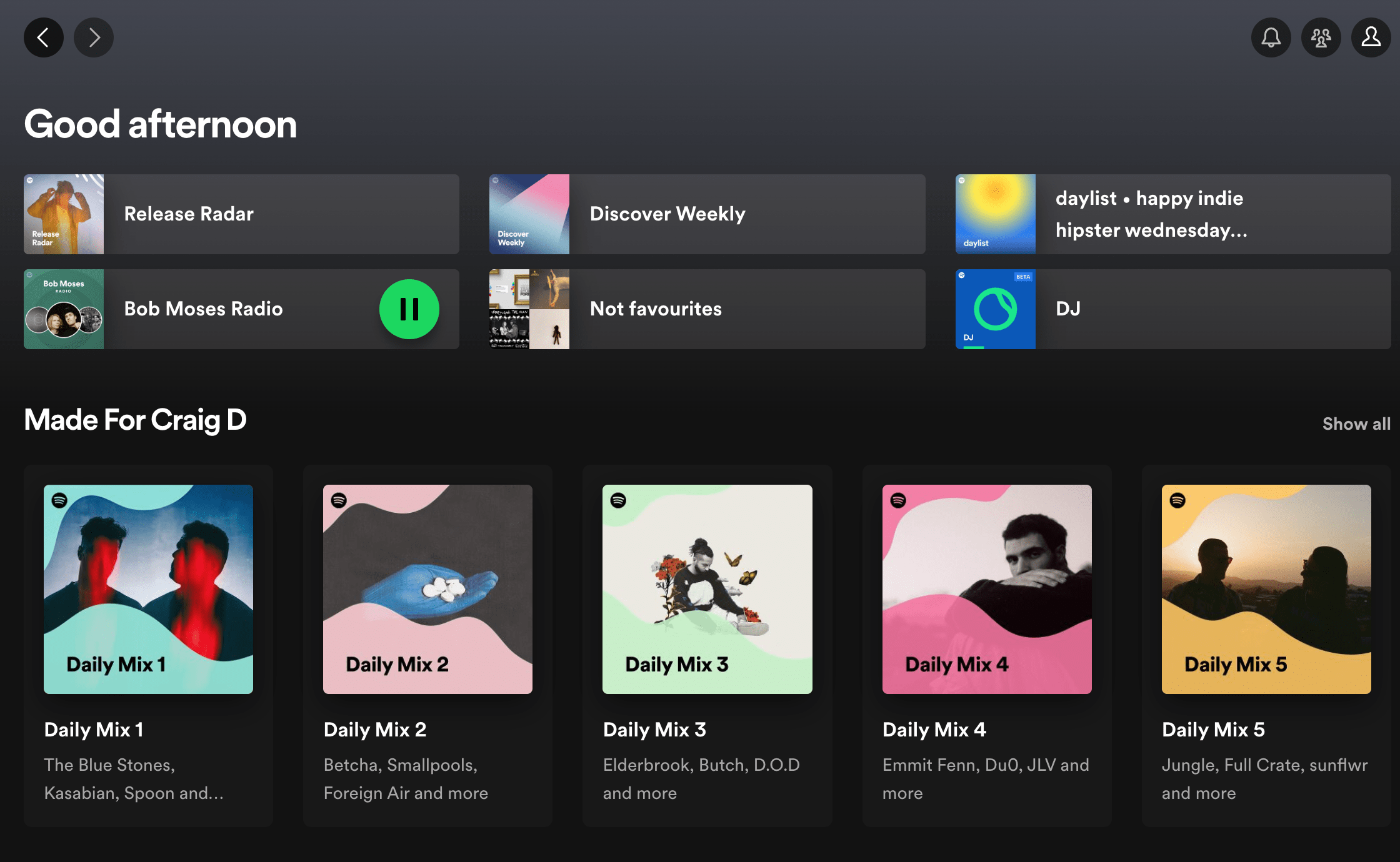 The Spotify dashboard showing recommendations from the data collected from event tracking
