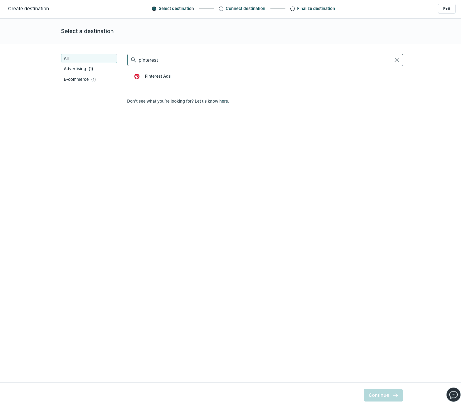 The destination search in Hightouch showing Pinterest