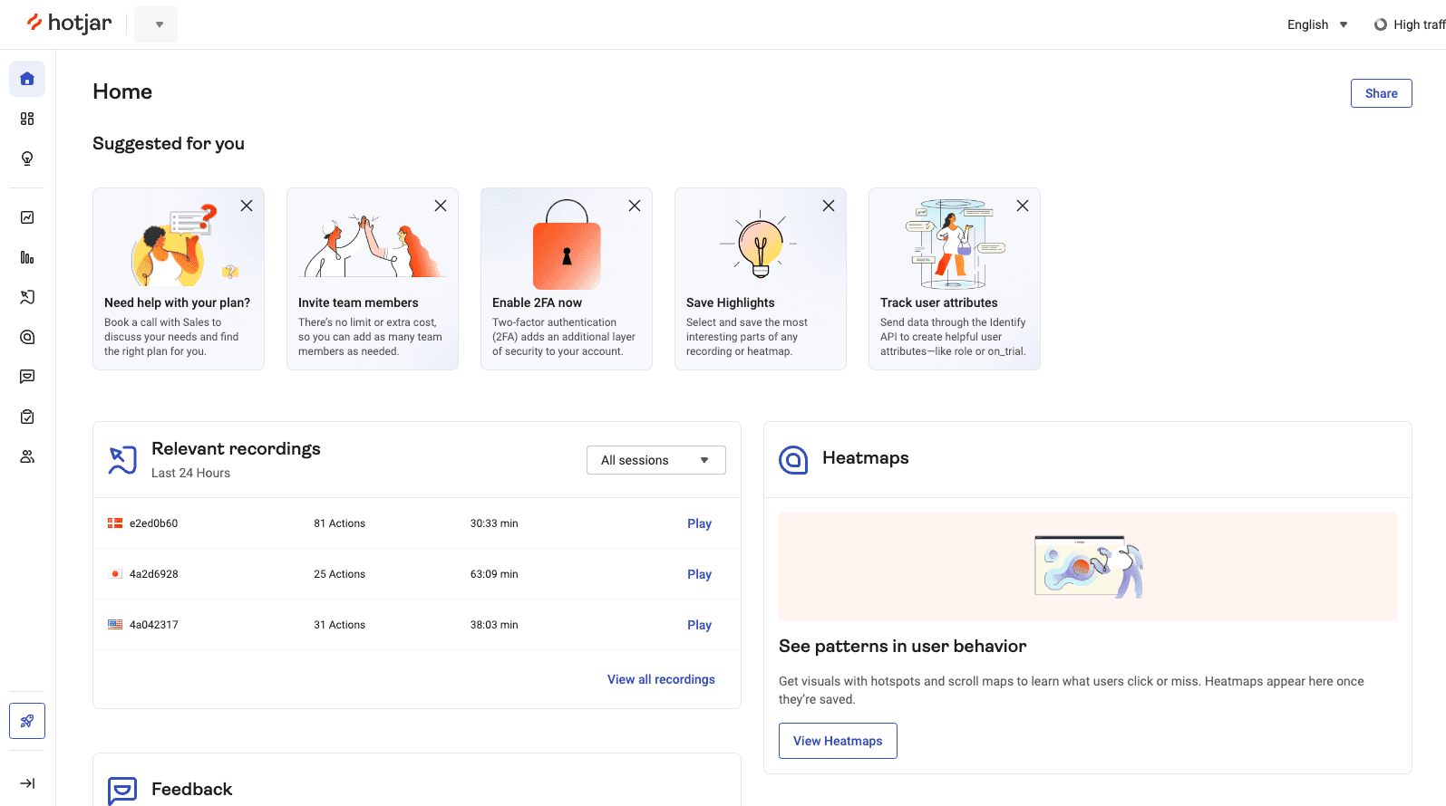 Hotjar's home page dashboard