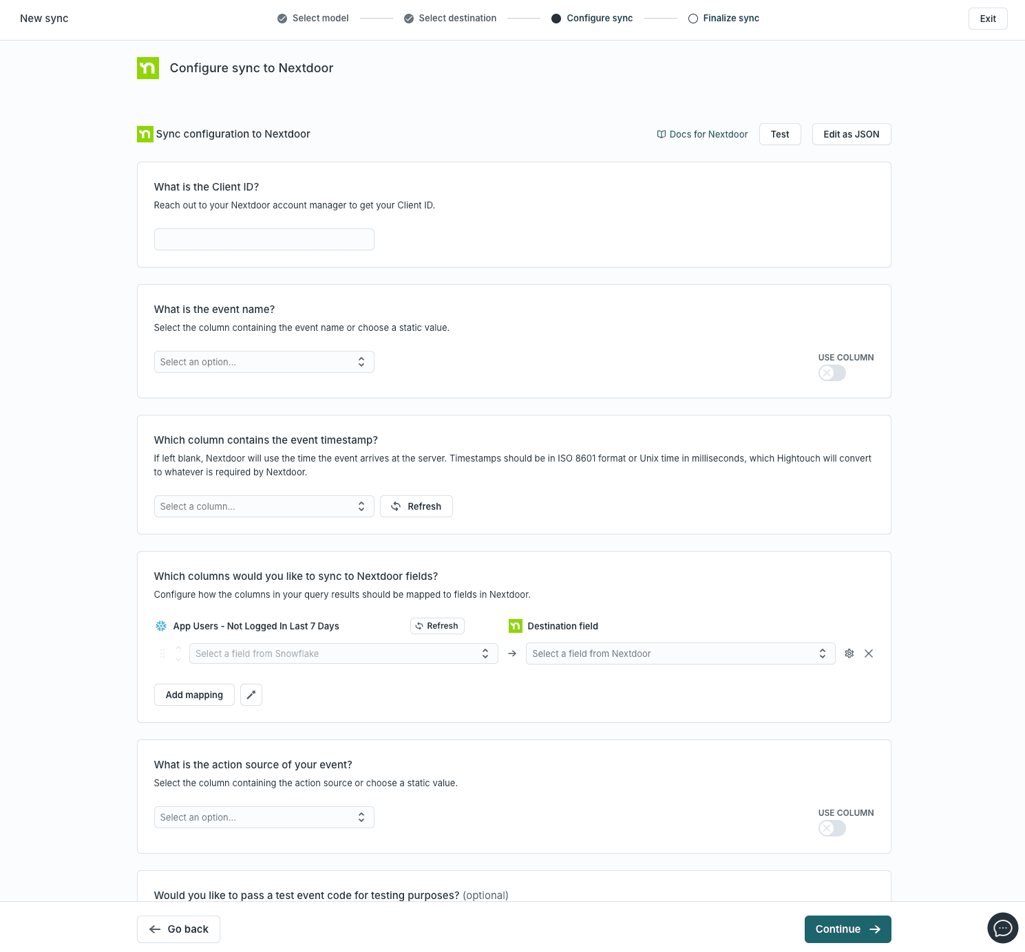 The sync settings needed for Nextdoor within Hightouch