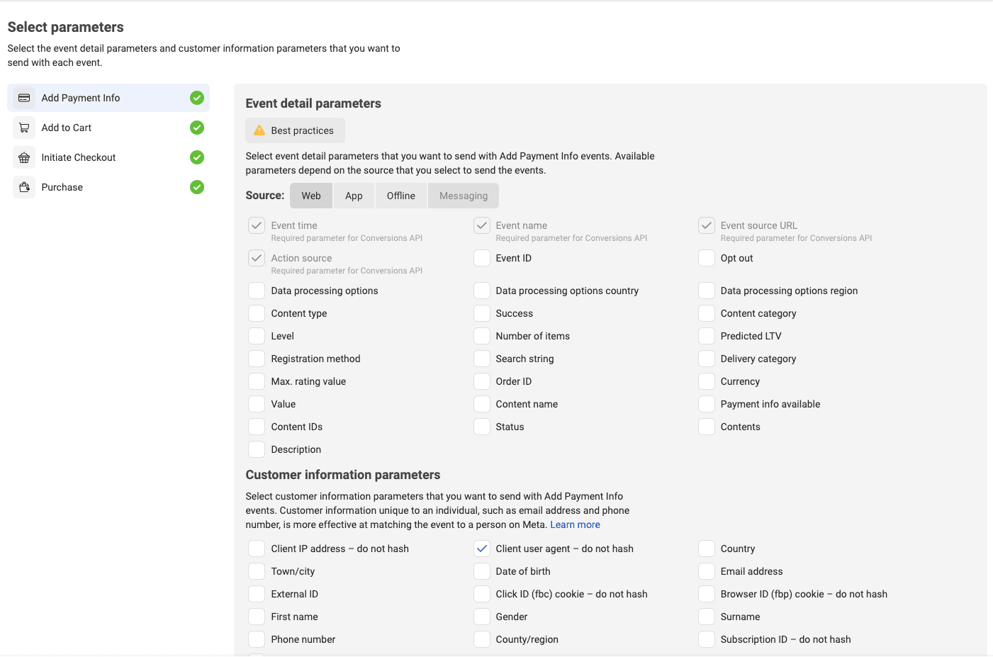 The options of additional parameters you wish to send with each event