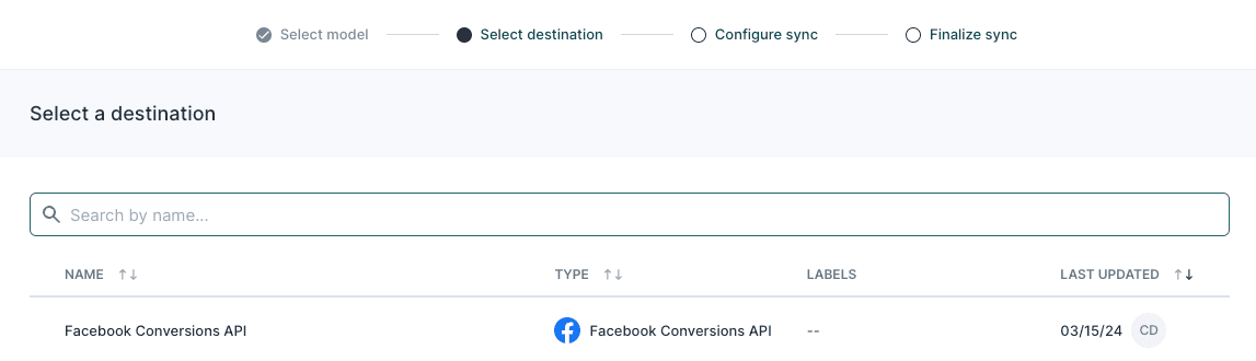 Selecting the Facebook CAPI destination you created in Hightouch