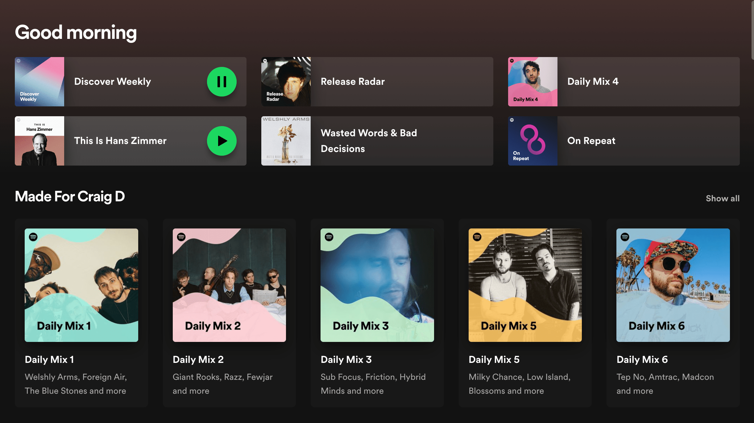 A screenshot of Spotify personlised dashboard 