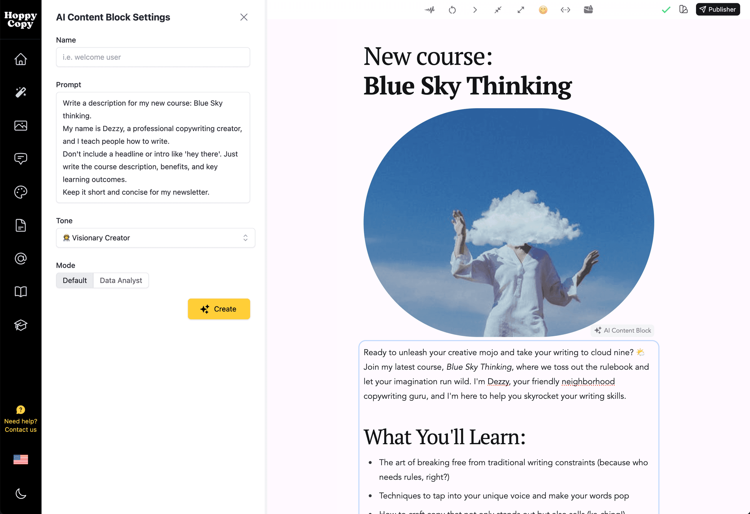 The content editor of Hoppy Copy