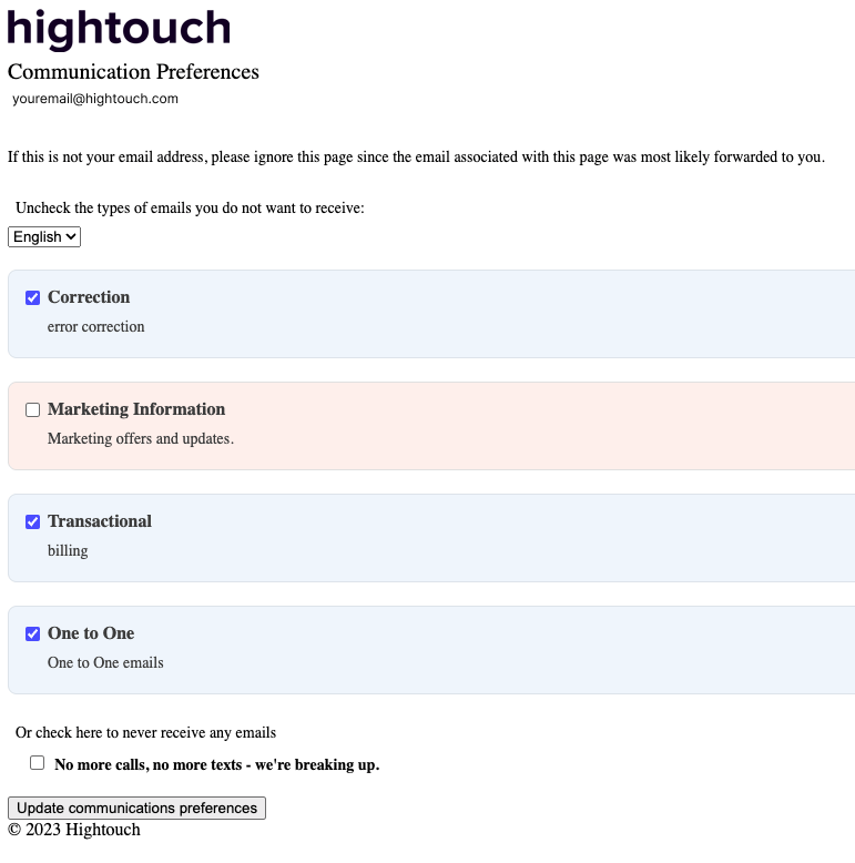 A screenshot of Hightouch's email preference center